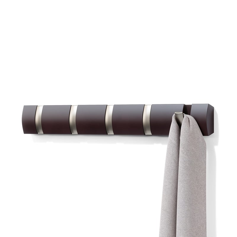 Umbra Flip Wall-Mounted Coat Rack with 5 Hooks â€“ Modern, Space-Saving Storage for Hats, Jackets, Bags, Entryway, Mudroom, Closet, Bathroom, Bedroom â€“ Espresso/Nickel - Image 1